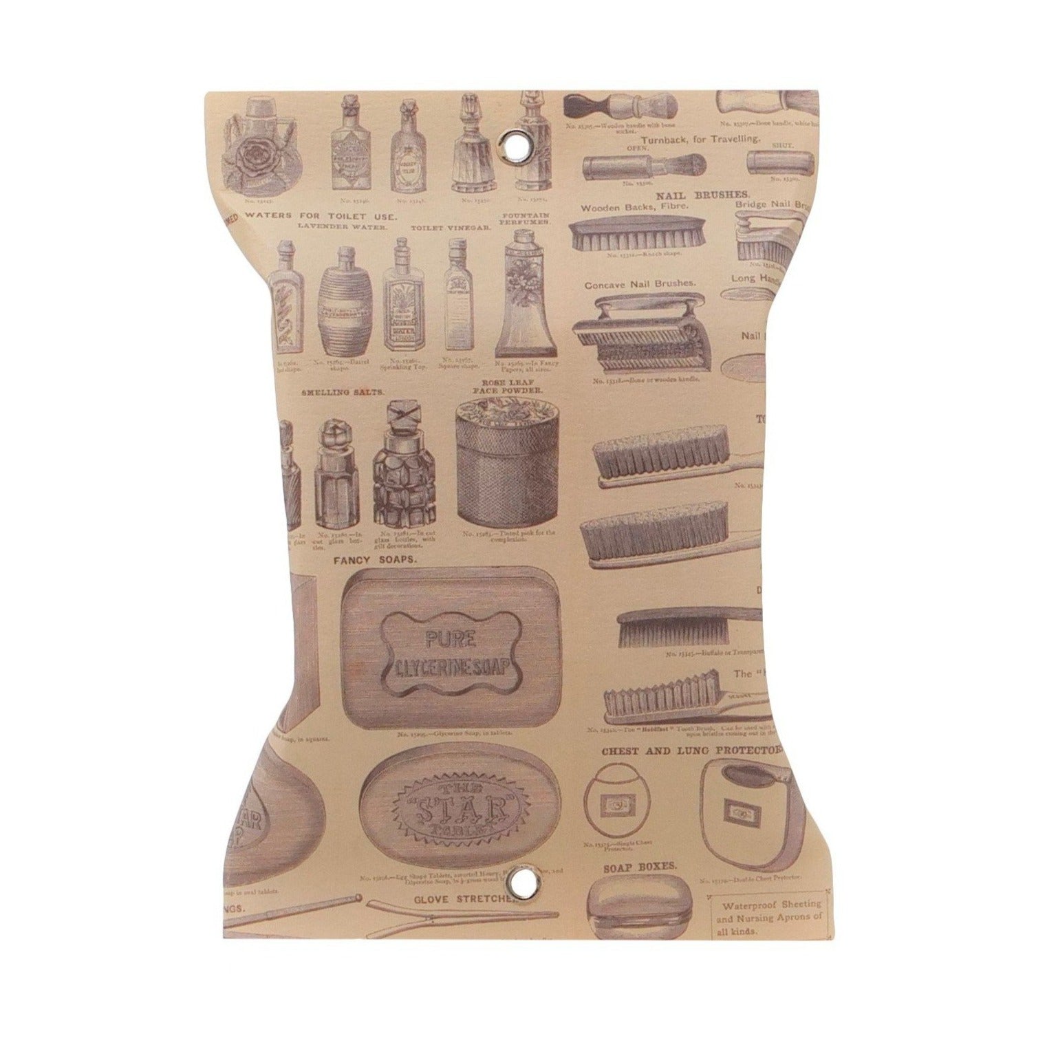 A soap on a white background. The package of the soap is thick brown paper with illustrations of old home utensils such as brushes, soaps and glass containers.