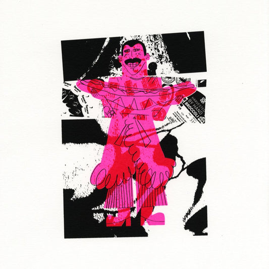 Abstract artwork with a pink figure on a black and white background