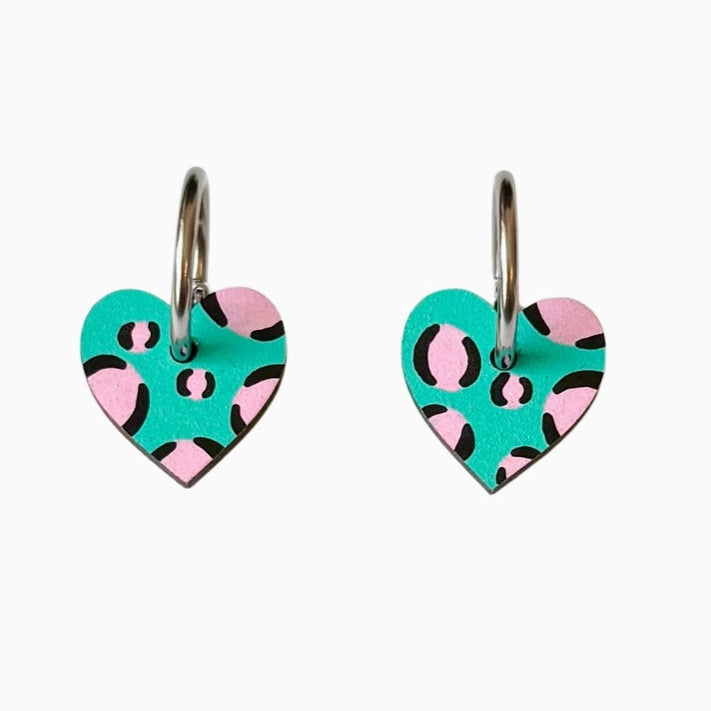 Heart Hoop Earrings Green Pink Leopard by Ivy & Ginger