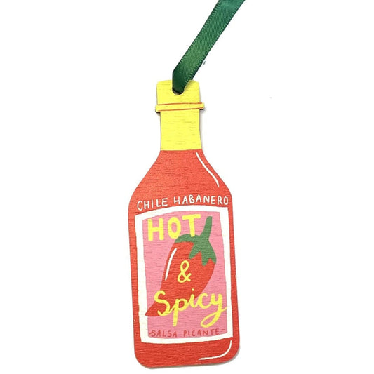 Decorative hot sauce bottle ornament with 'Chile Habanero Hot & Spicy' text on a white background