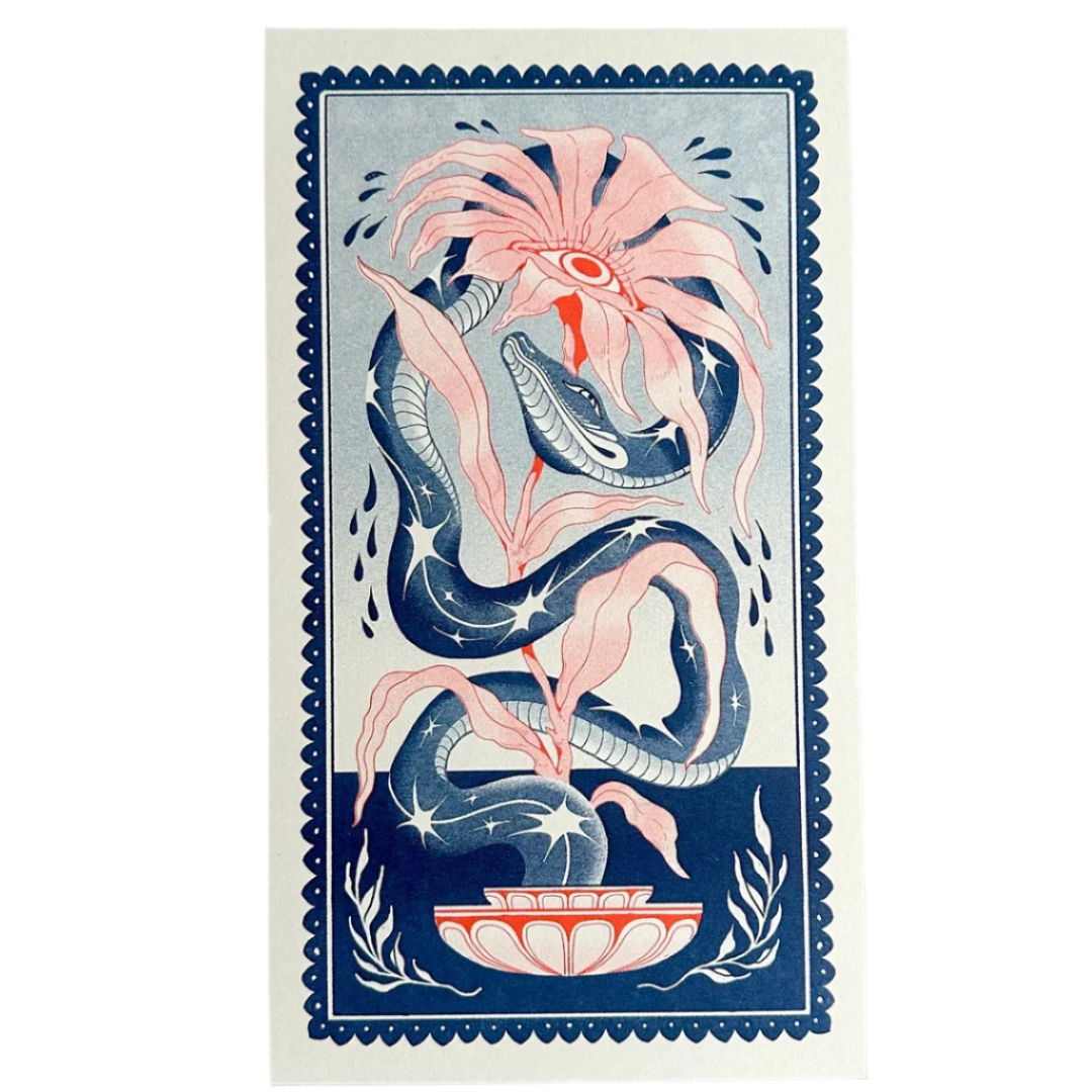 Decorative print with a stylized snake and flower design on a textured gray background