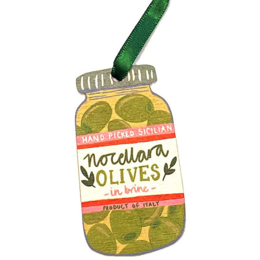 Decorative ornament shaped like a jar of olives with a green ribbon on a white background