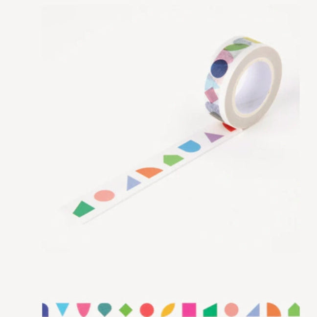 Colorful washi tape with geometric shapes on a white background