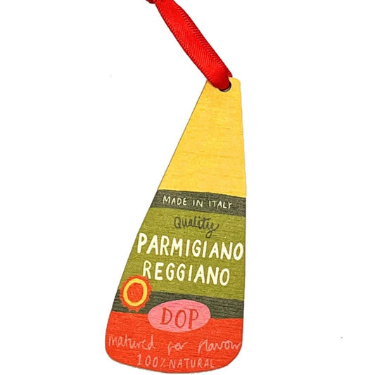 Colorful Parmigiano Reggiano cheese packaging with red, yellow, and green design on a white background.