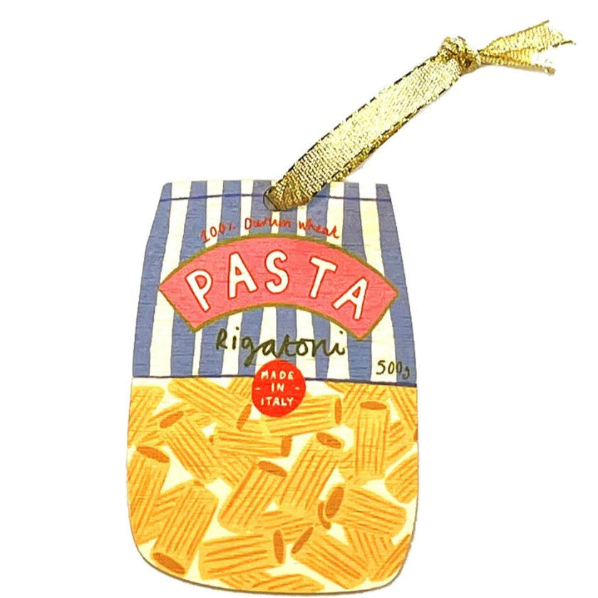 Pasta bag with striped pattern and gold ribbon on a white background