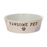 A dog bowl on a white background. In the front of the bowl, it reads "pawsome pet" and under it a small paw.