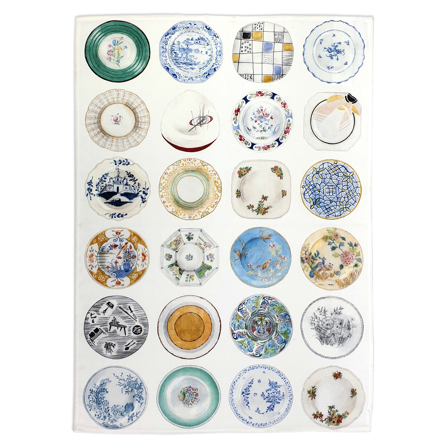 White tea towel with different plates printed on it. The tea towel is on a white background.