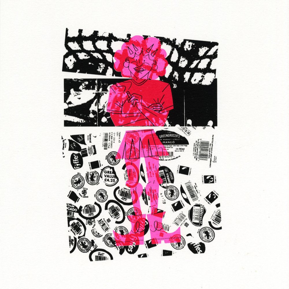 Artistic depiction of a person in pink clothing with black and white patterns on a white background