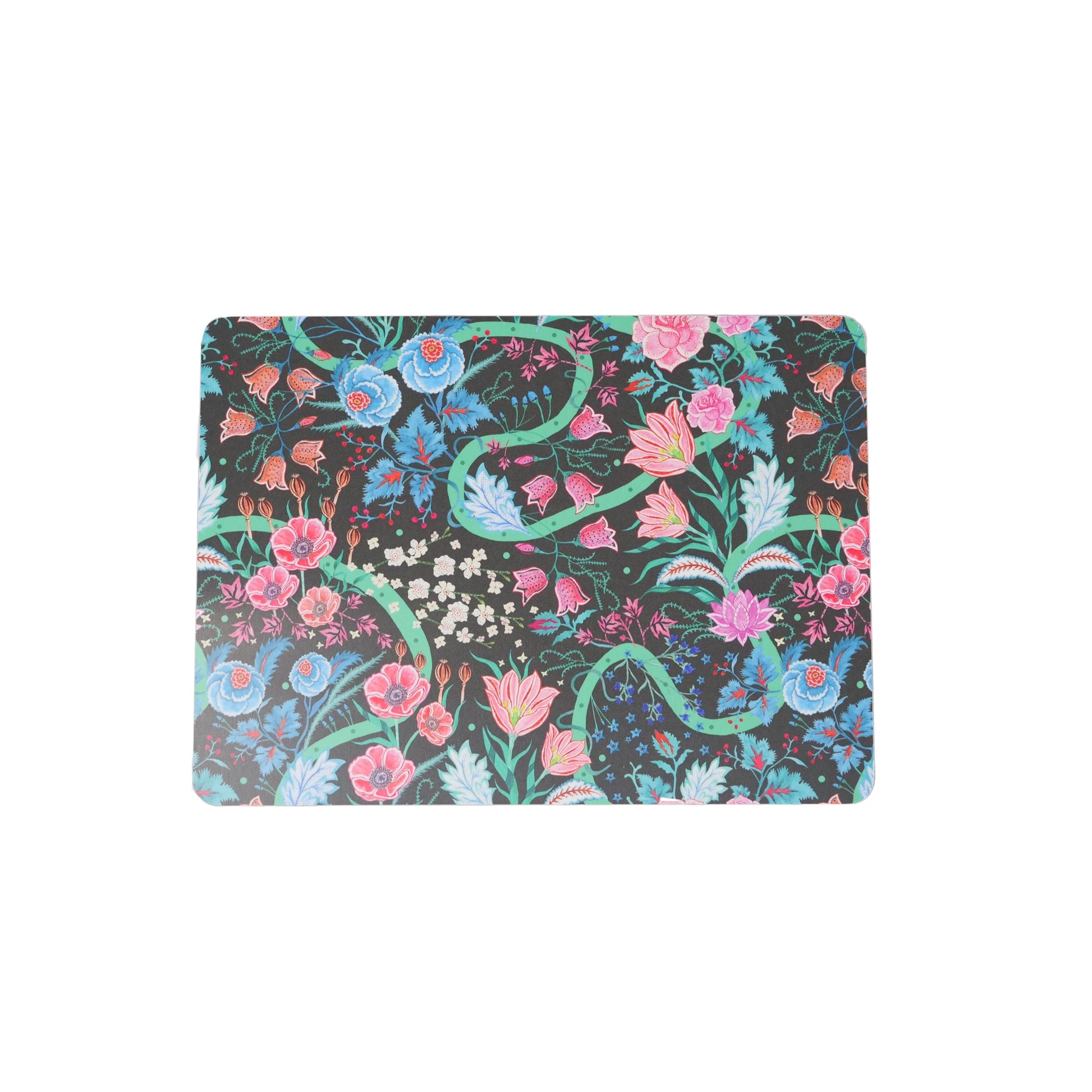 Other table mat from set; black backrgound and pink, red and blue flowers with green stems and swirled lines.