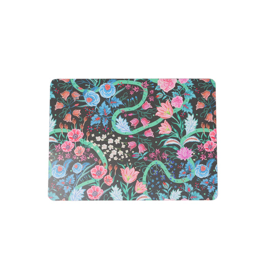 Other table mat from set; black backrgound and pink, red and blue flowers with green stems and swirled lines.