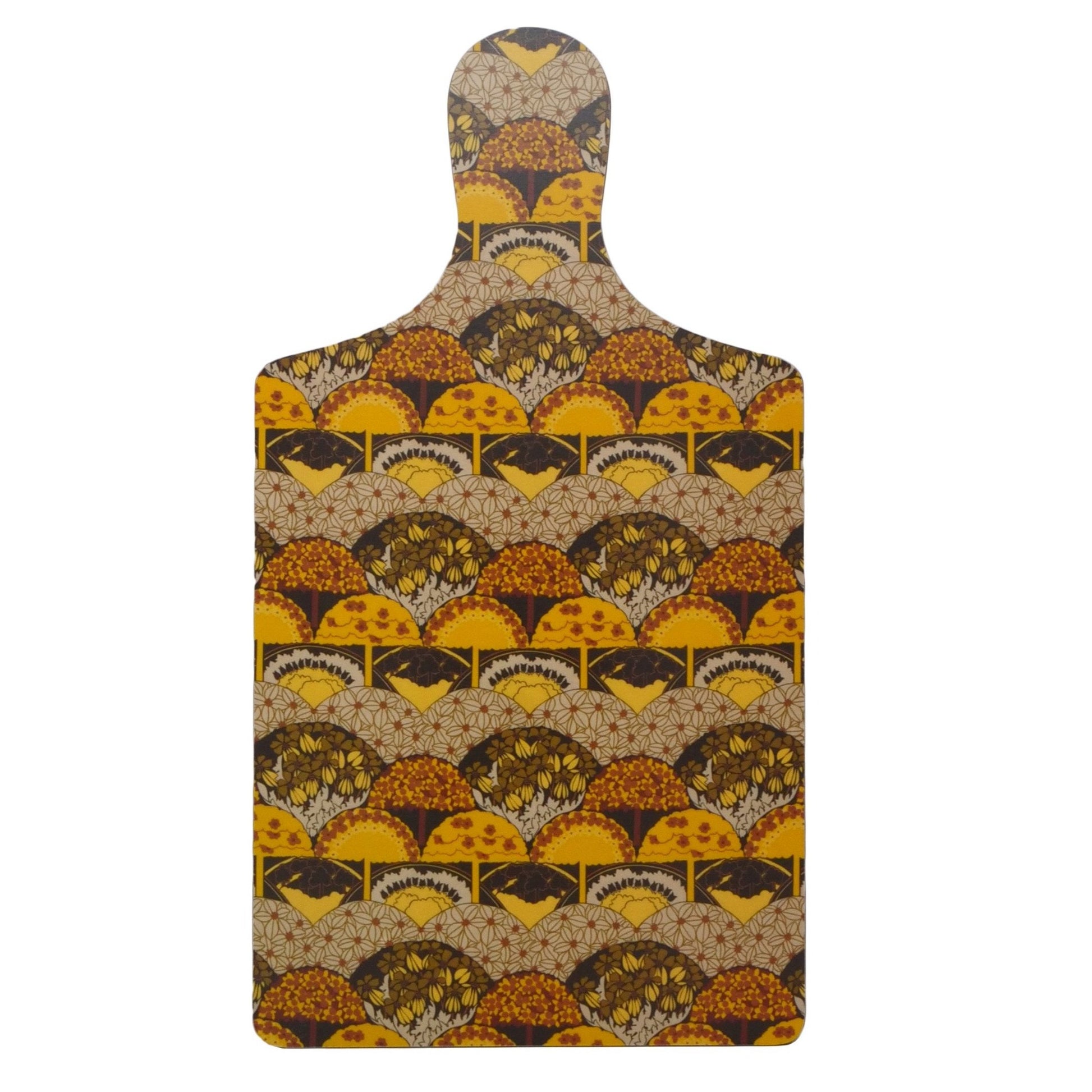 Chopping board with tree pattern in yellow and varying shades of brown.