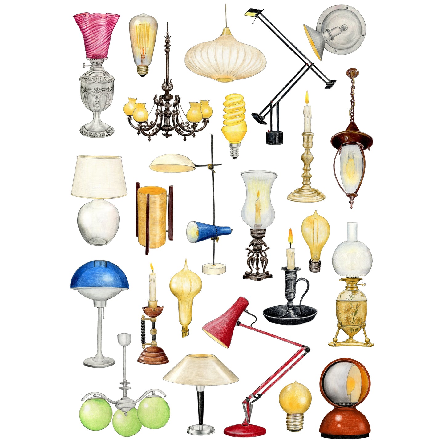 Print with imagery of 24 different types of lighting throughout time. From candles to 21st century electric lamps.