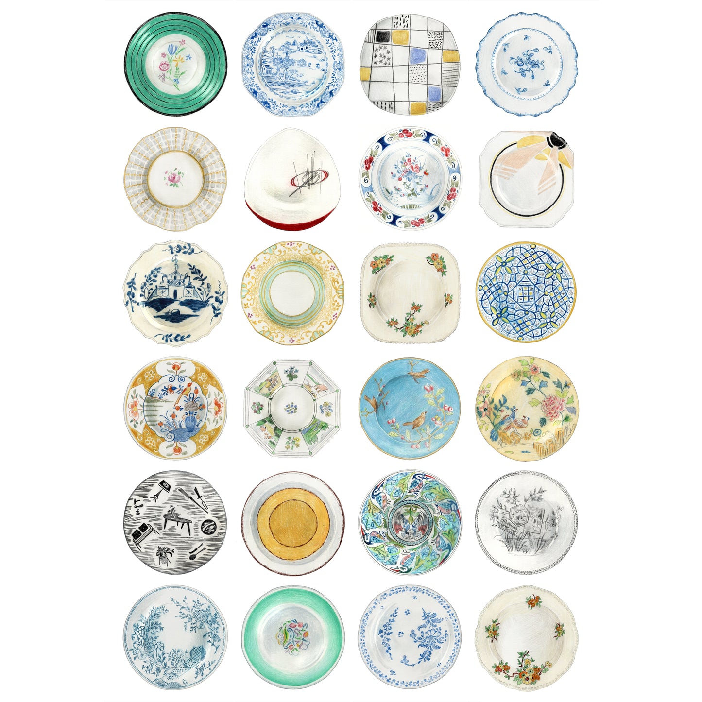 Print with 24 plate design. Plates vary widley in pattern and black, white, blue, orange, yellow and green are common colours throughout.