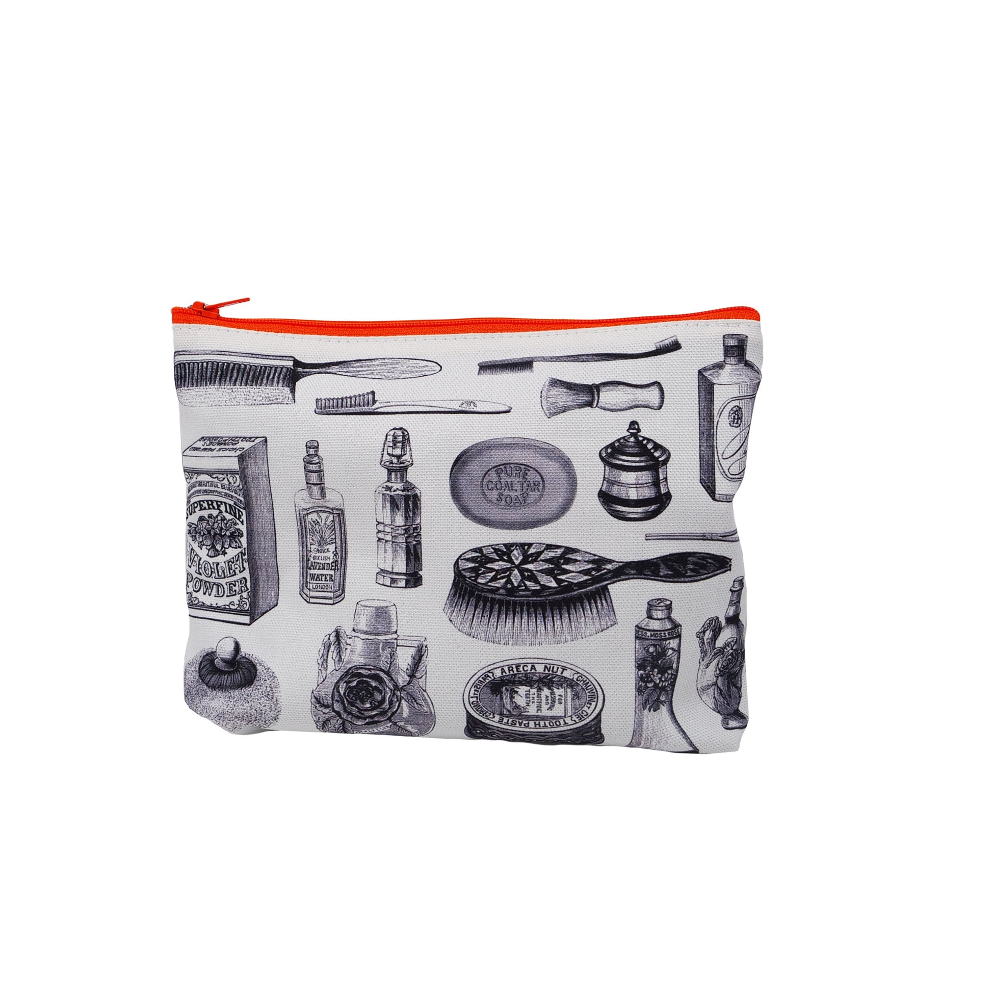 White cosmetics bag printed with illustrations of perfume bottles and hairbrushes in an illustrative style. The bag has an orange zip
