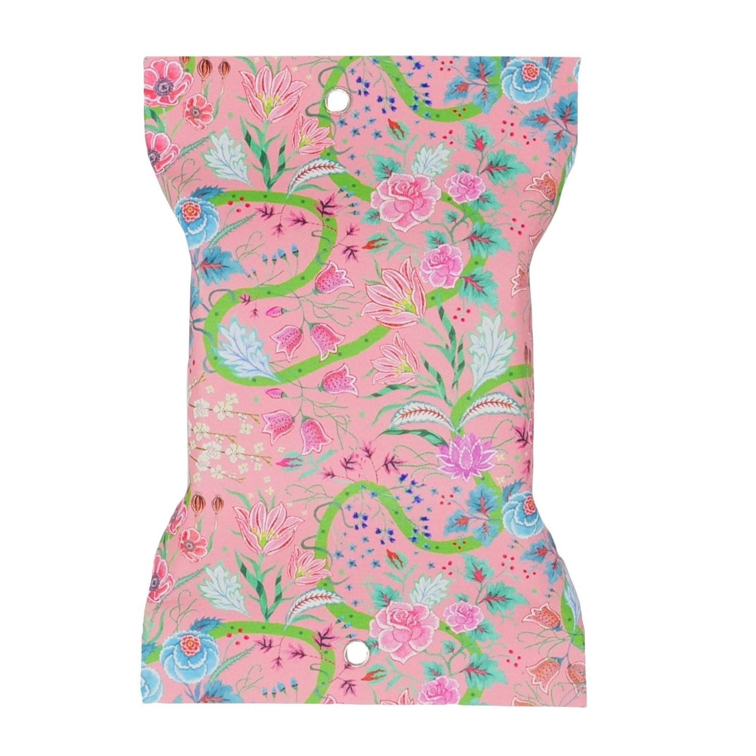 Packet of Country Garden Soap with light pink background and pink, red and blue flowers with green stems and swirled lines.