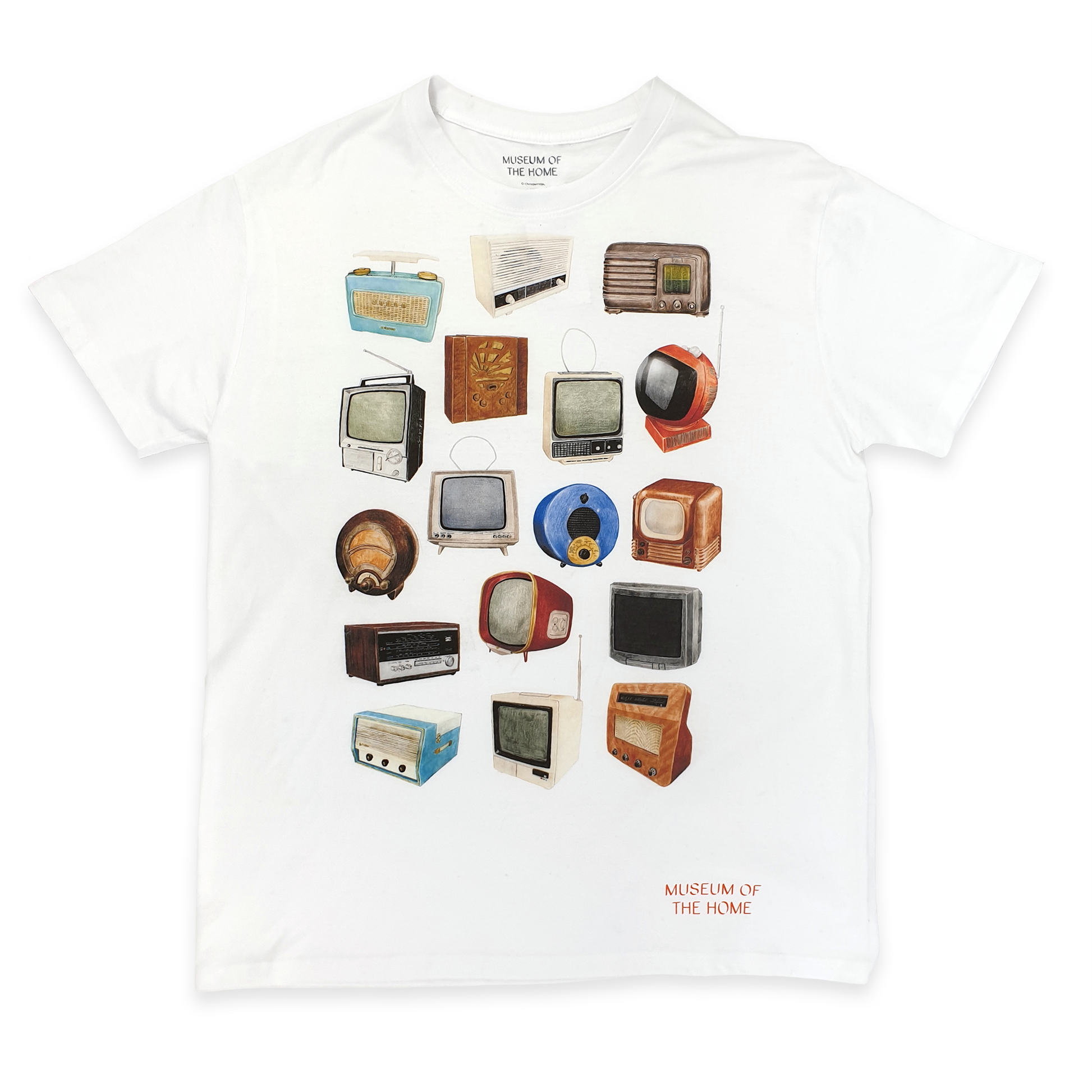 White T-shirt with imagery of 17 televisions and radios throughout time with orange Museum of the Home logo in bottom right corner.