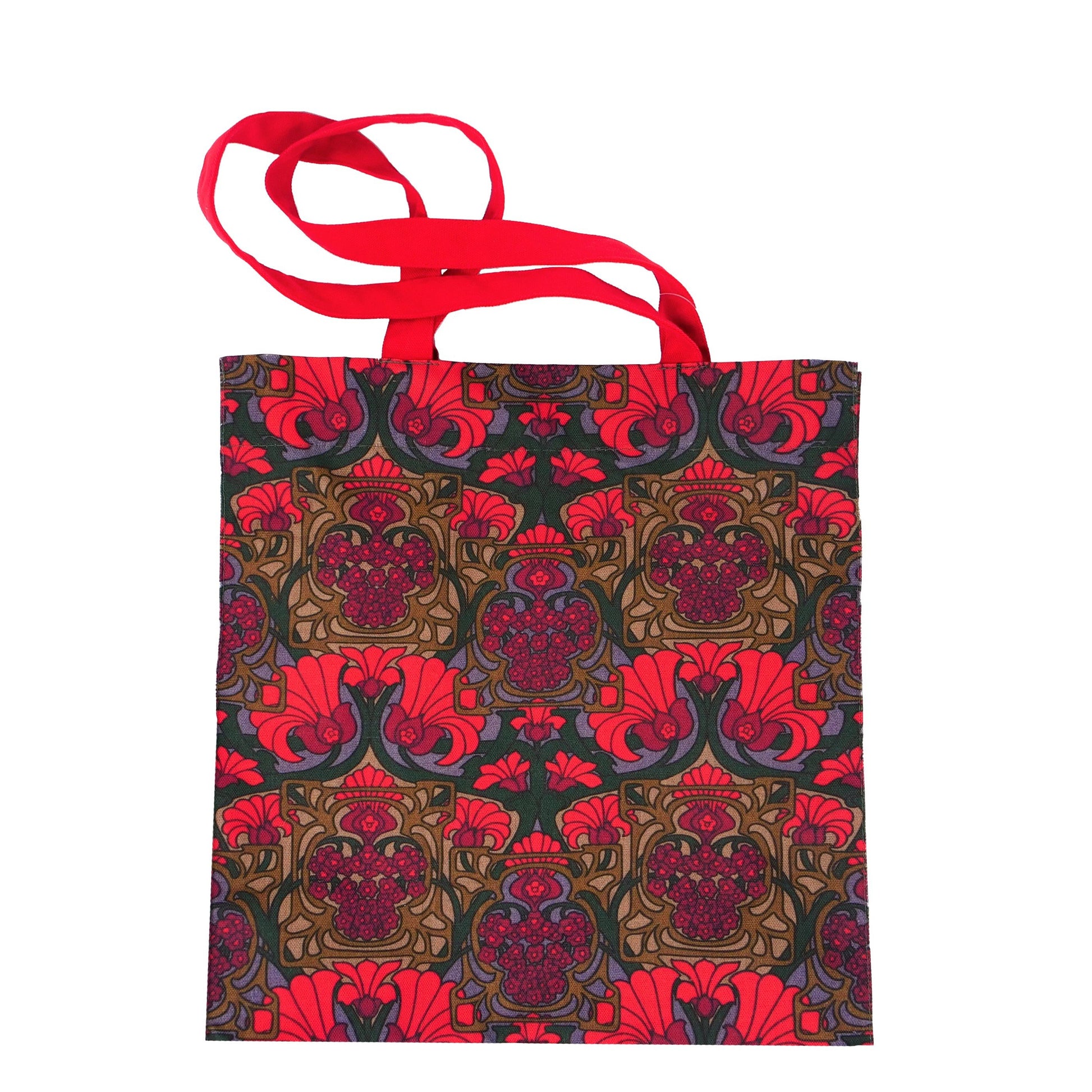 Rectangular shaped box bag with bright red straps, bright red flowers interlaced with dark green stems, brown and blue.