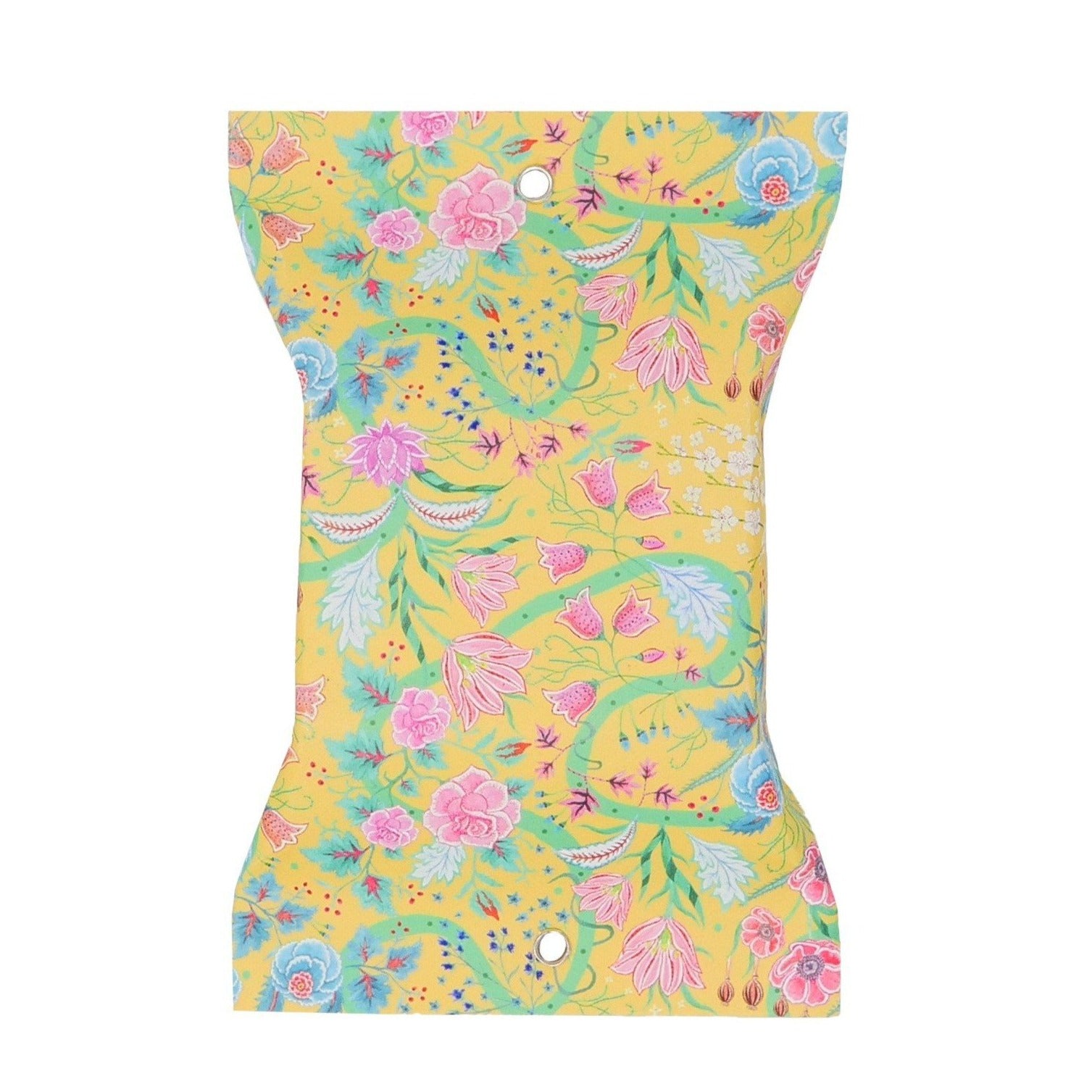 Packet of Floral Buttermilk Soap with yellow background and pink, red and blue flowers with green stems and swirled lines.