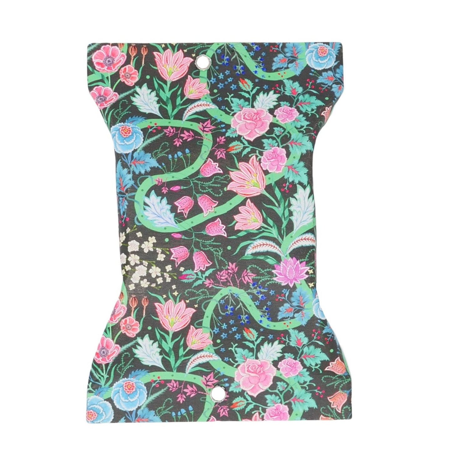 Packet of Geranium Rose Garden Soap with black background and pink, red and blue flowers with green stems and swirled lines.