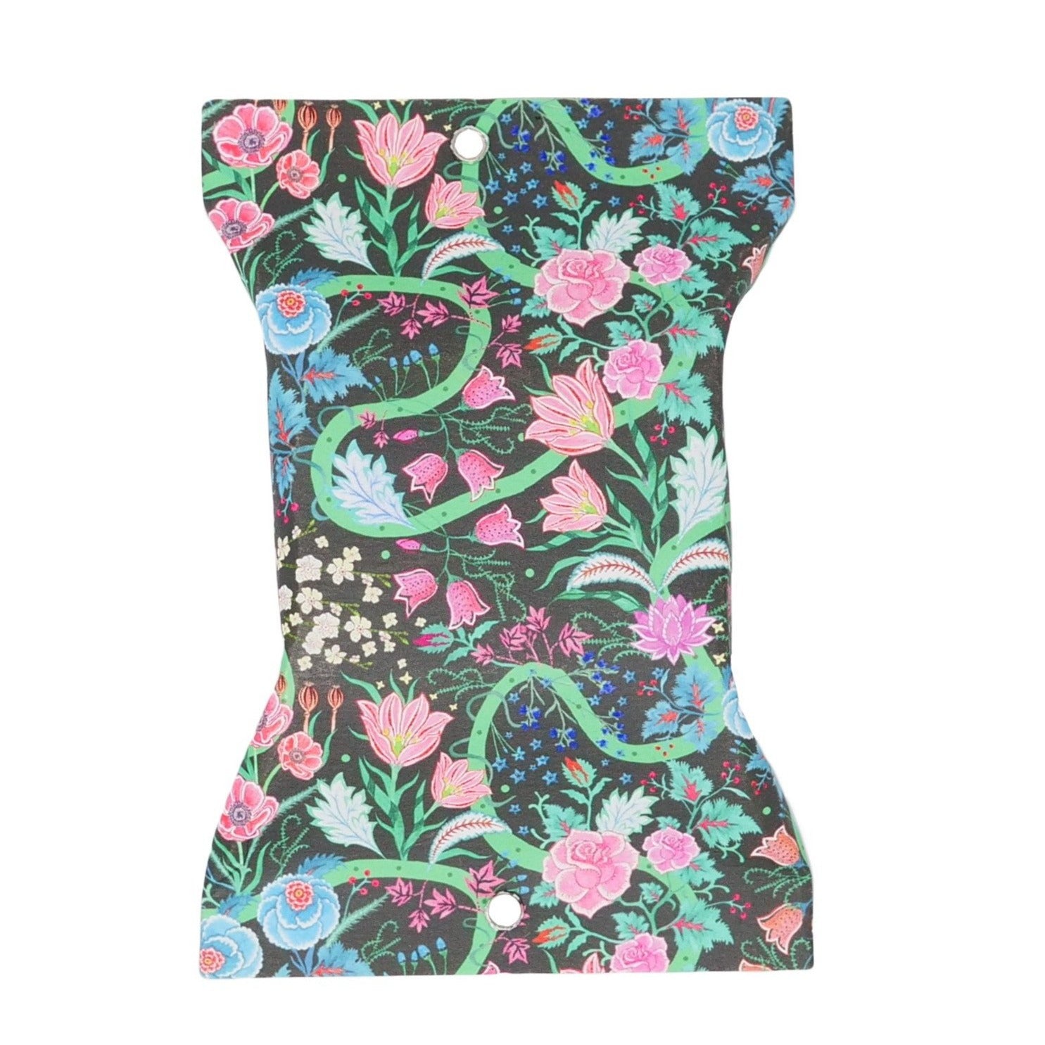 Packet of Geranium Rose Garden Soap with black background and pink, red and blue flowers with green stems and swirled lines.