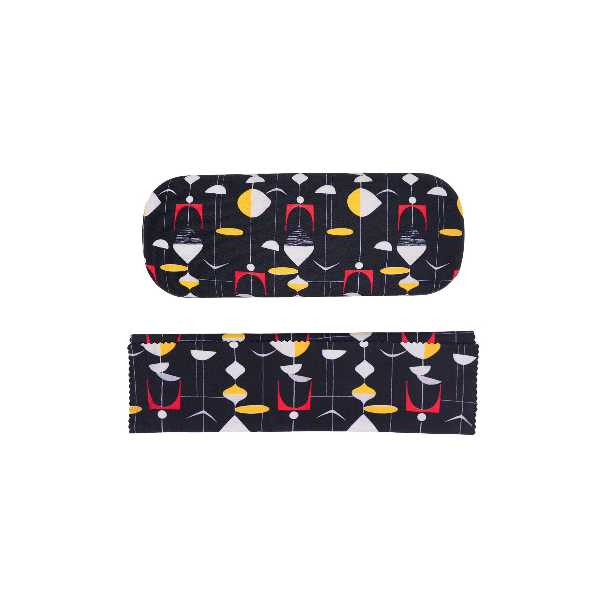 Closed glasses case with cloth neatly folded infront of it.