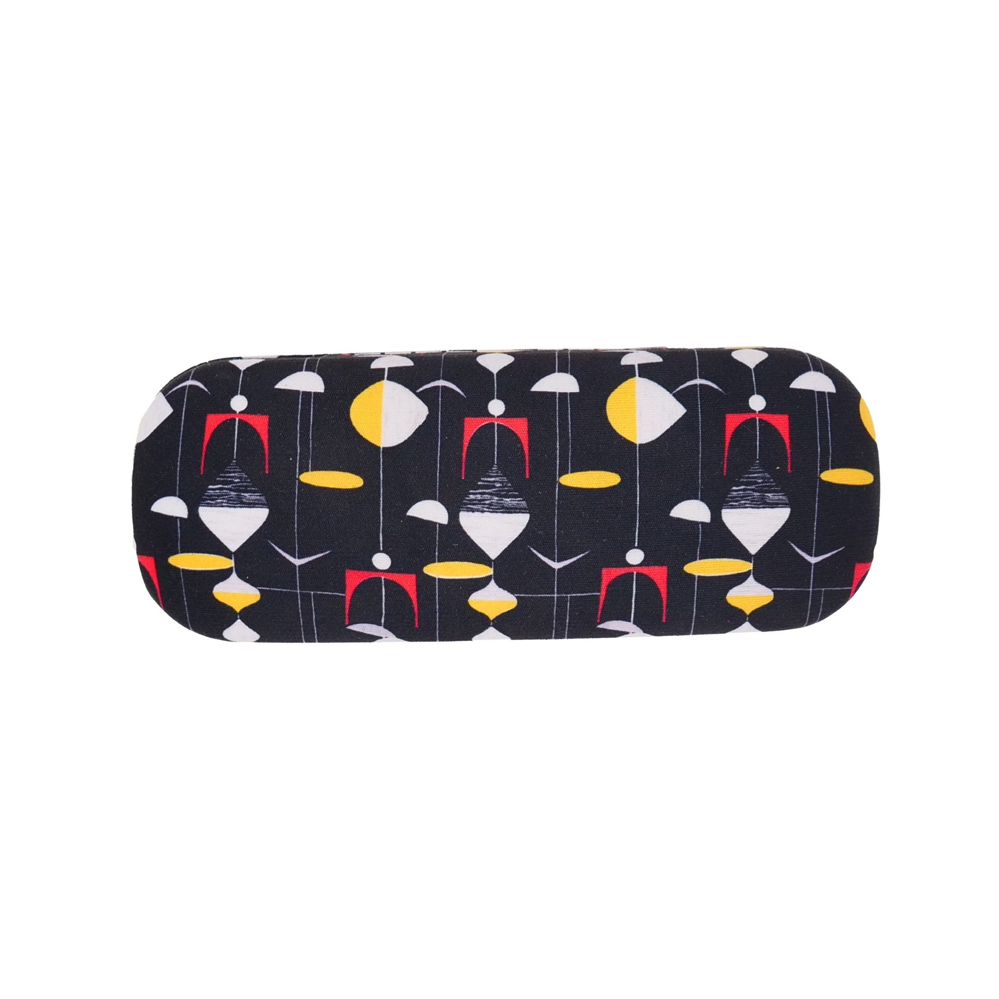 Glasses case with black backround and mid-century yellow, red and white hanging mobile design.