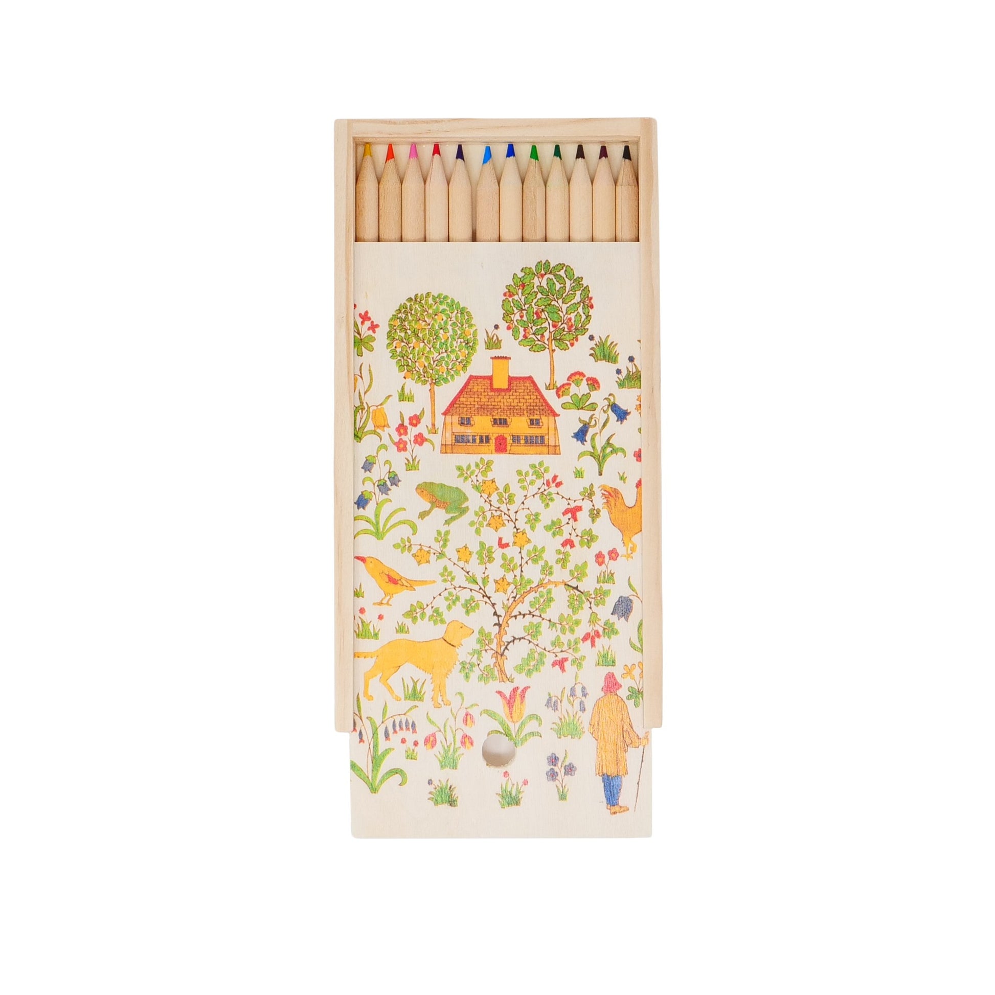 Set of wooden colouring pencils; front cover of the wooden box is printed with 'The House That Jack Built' print featuring plants, a house and animals all in an illustration style.