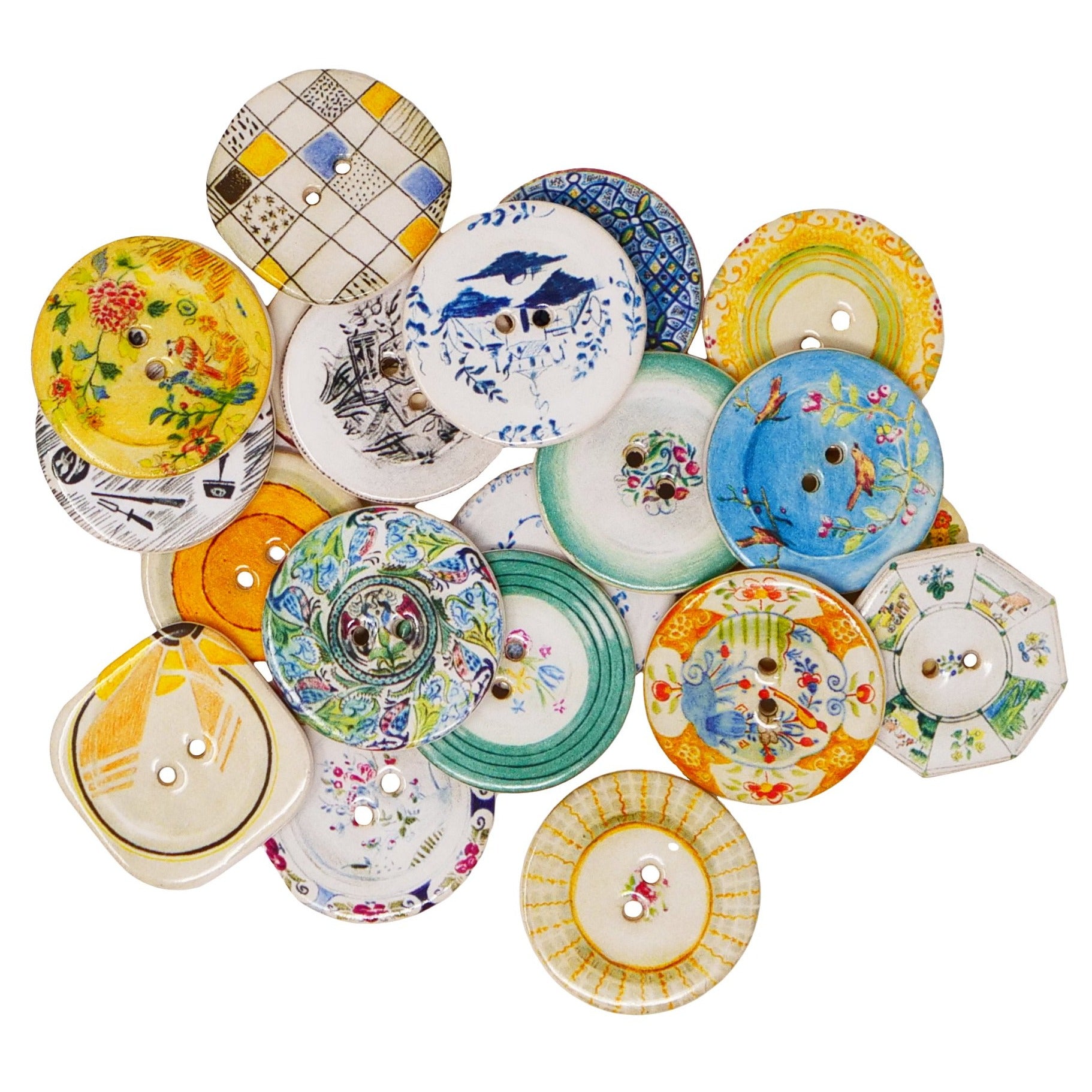 Pile of 20 assorted ceramic buttons with varying patterns. Common colours throughout are black, blue, white, green and yellow.