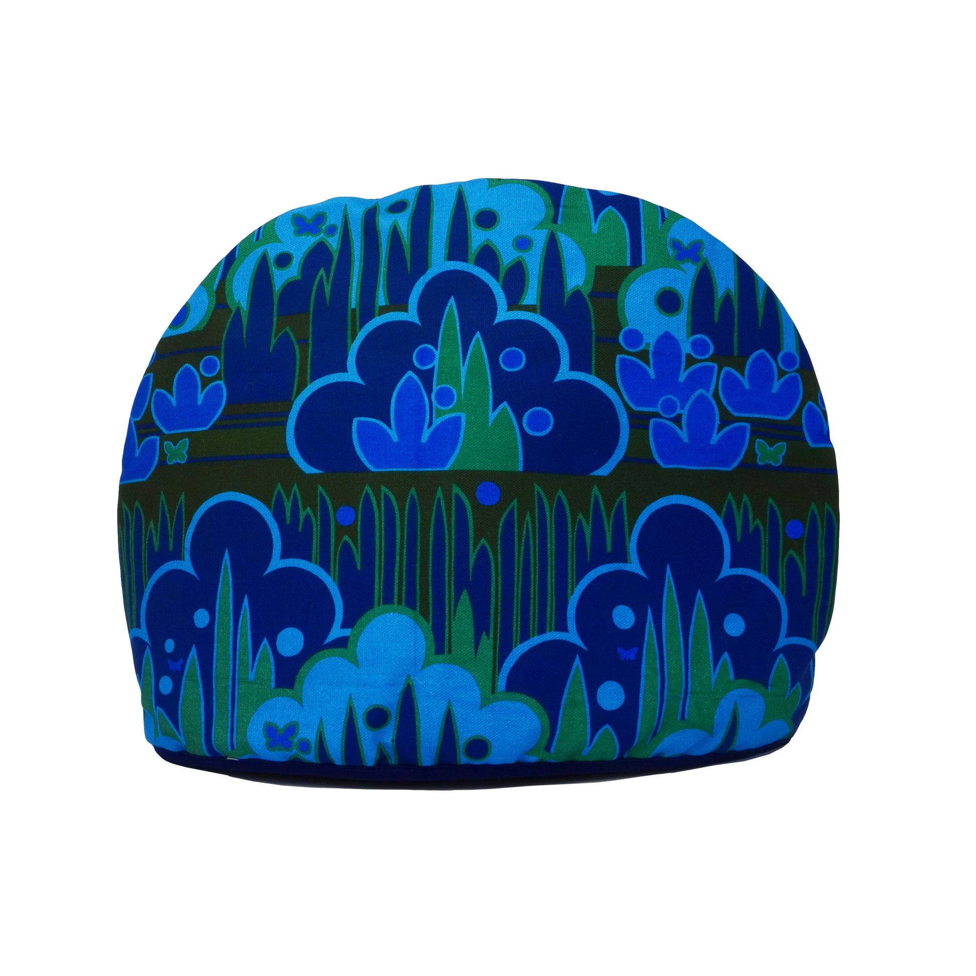 Light/dark blue and green tea cosy with abstract grass and plant mid-century pattern.