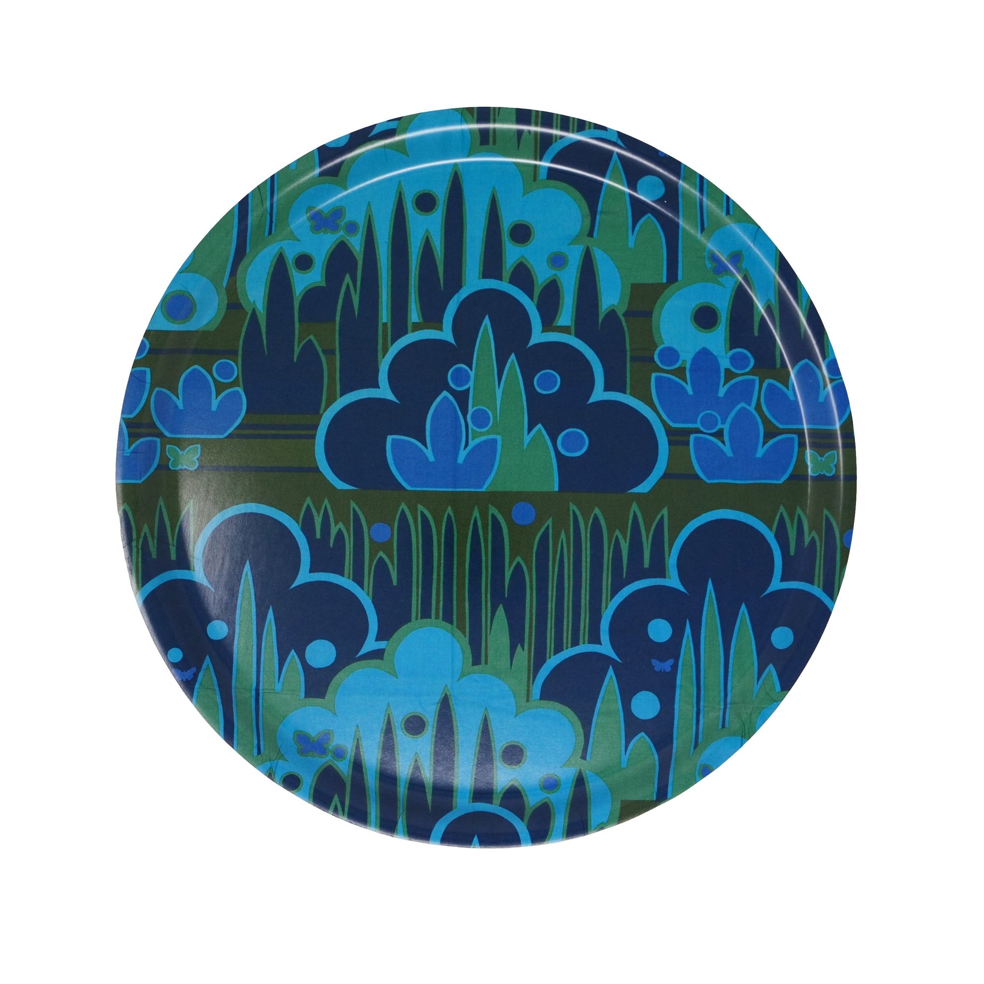 Birch wood tray with mid-century design of abstract plant and grass pattern with light/dark green and blue throughout.