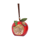 A hanging decoration of a mouse sitting down inside it. 
