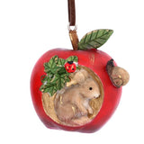 A hanging decoration of an apple and a mouse inside it, green leaves, a ladybug and a snail are on the red apple.