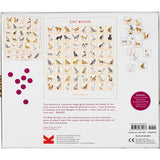 The back of the box of the Cat Bingo. It shows the cards with illustrations of cars and details in plum.
