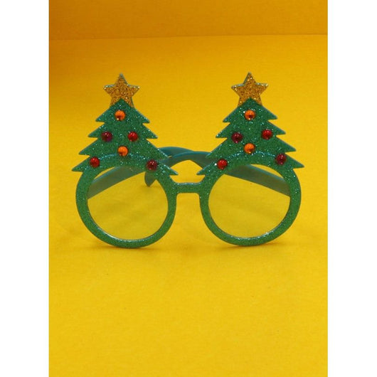 Specs in the shape of Christmas trees. Green with a golden star on top and red and orange baubles.