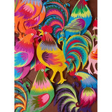 A bunch of colourful cockerel decorations.