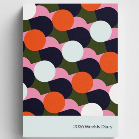 2026 weekly diary with colorful geometric pattern on a white background