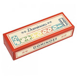 A box of dominoes with red in the corners and pictures of dominoes in blue, green, yellow, red, blue and black.