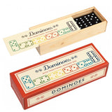 An open wooden box of dominoes with black dominoes inside. Next to it, there is the box with red stripes in the corners.