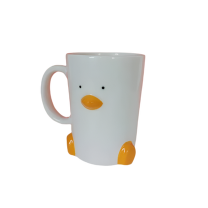 White mug with duck design on a light background