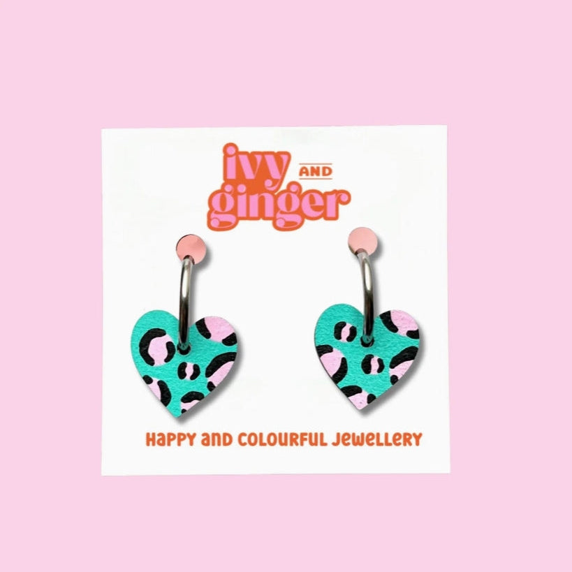 Heart Hoop Earrings Green Pink Leopard by Ivy & Ginger