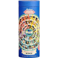 A blue cylindrical box of a Jigsaw Puzzle. In the middle there are illustrations of different Inspirational Women.