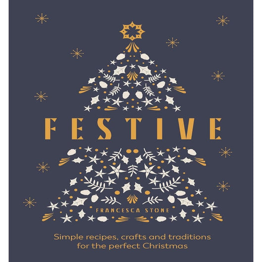 A navy blue book cover with an illustration of a Christmas tree. In golden font it reads: 