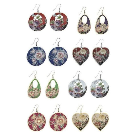 Different styles of floral earrings on a white background.