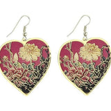 Deep pink heart shaped earrings with flowers.