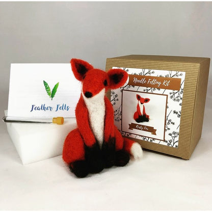 Red fox needle felting kit with a completed fox toy on a white background