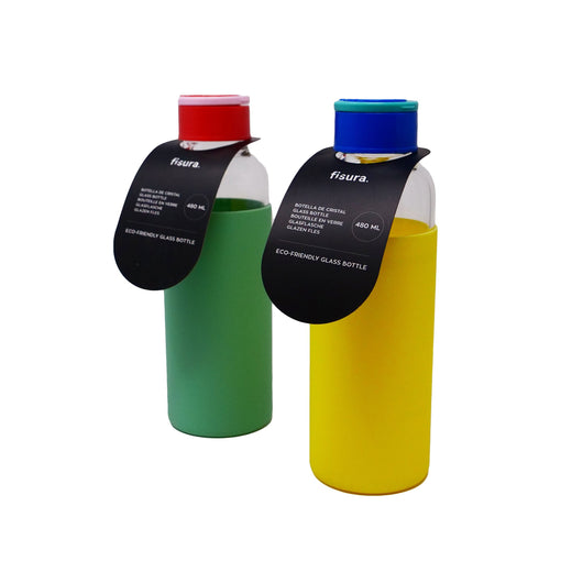 Two water bottles on a white background. On the left there is a mint bottle with a red lid and on the right there is a yellow water bottle with a blue lid. Both of them have a black label attached to the lid that reads 