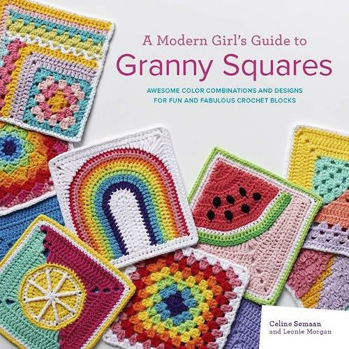 A book cover with pictures of a variety of colorful crochet blocks. In the middle in small pink font it reads 