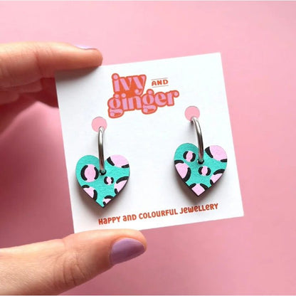 Heart Hoop Earrings Green Pink Leopard by Ivy & Ginger