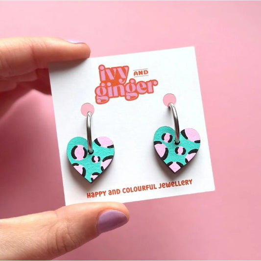 Heart Hoop Earrings Green Pink Leopard by Ivy & Ginger