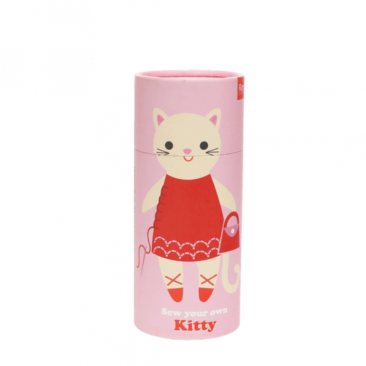 A pink cylindrical box with an illustration of a cat wearing a red dress, red ballerina shoes and a red purse.